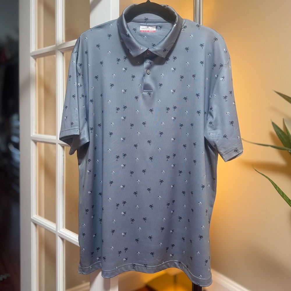 Grand Slam Performance Blue Palm Print Men's Polo Shirt